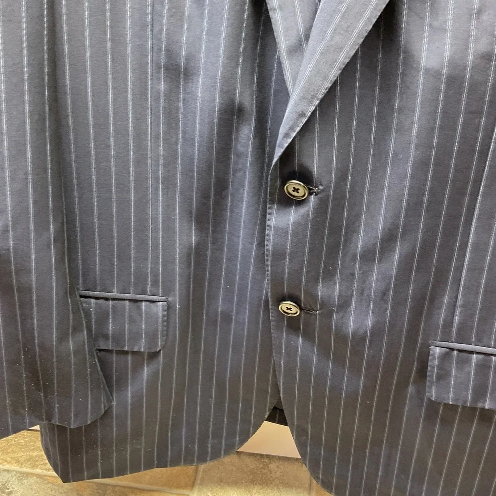 Oxxford Clothes Larrimors Navy Pinstripe Suit 2 Button Double Vent Wool Blazer